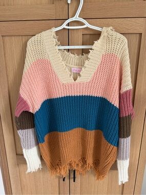 Pink Lily Multi-Stripe V-Neck Knit Sweater